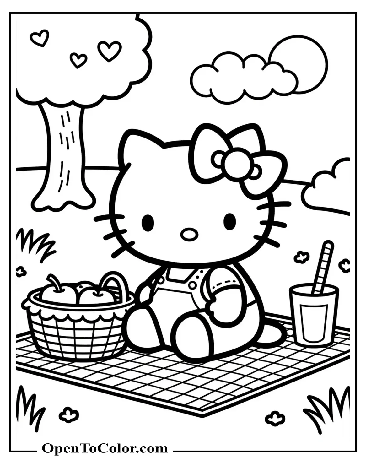 Free Hello Kitty Coloring Sheet Sitting On Picnic Blanket With Basket, Apple Juice, And Checkered Cloth, Sunny Park