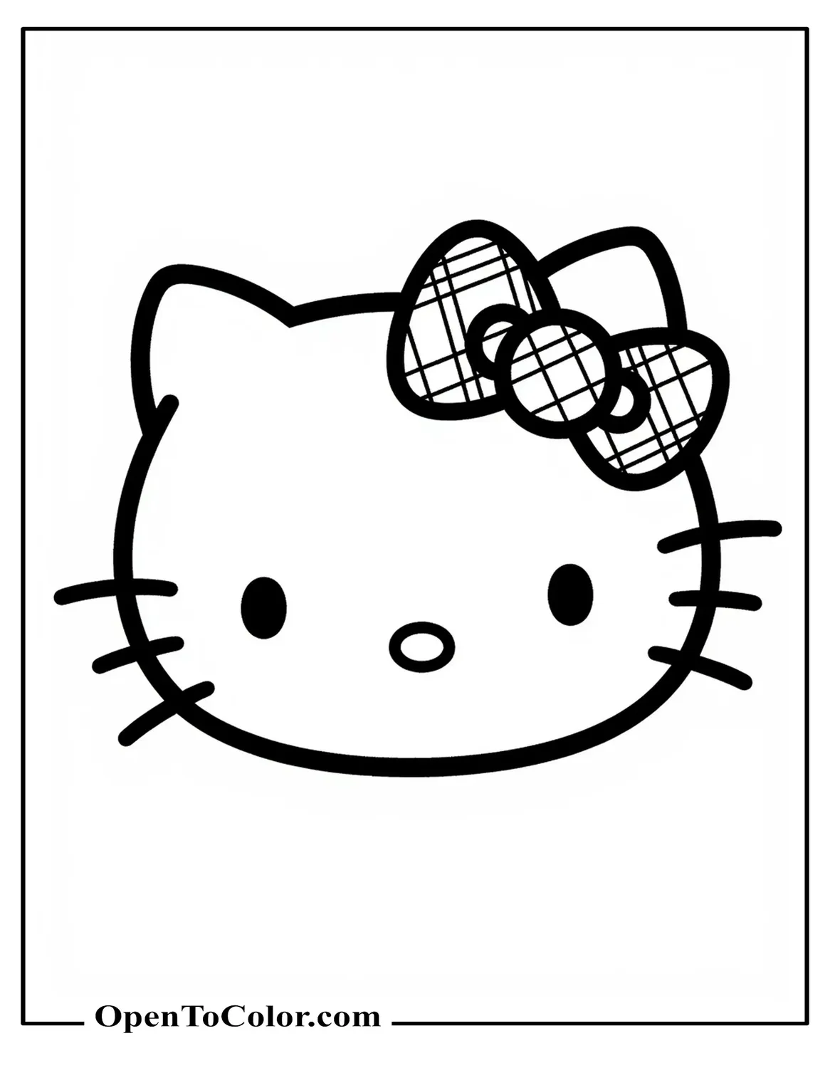 Close-Up of Hello Kitty Face with Oversized Plaid Bow, Funkopop Chibi Style Coloring Sheet PDF