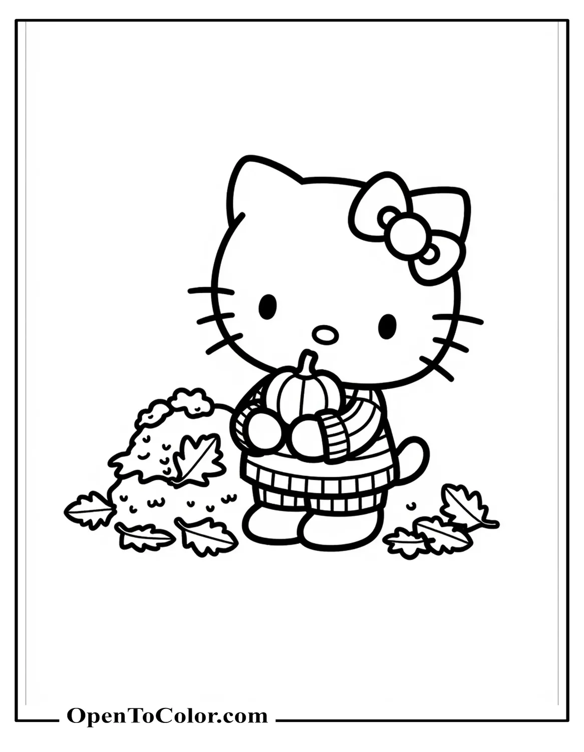 Hello Kitty Holding Falling Leaves In A Scarf Coloring Sheet PDF