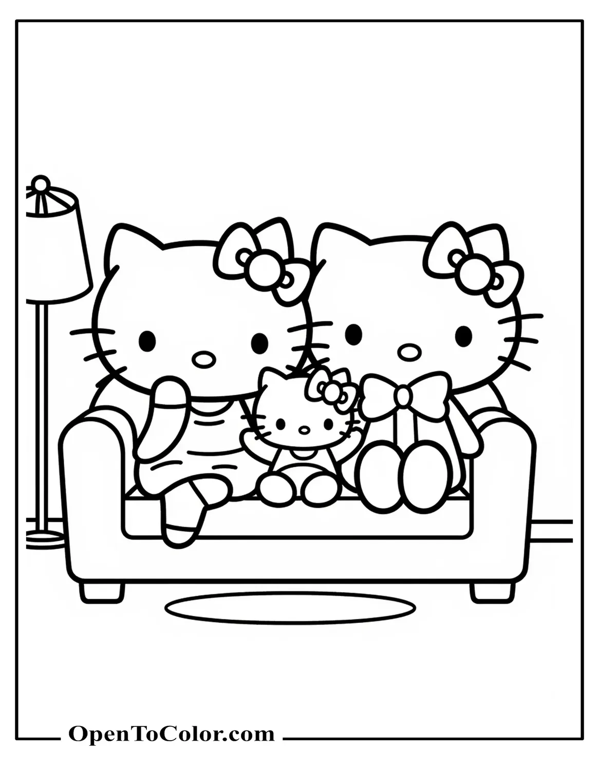 Hello Kitty posing with Mama Kitty and Papa Kitty for family portrait, living-room backdrop, printable coloring sheet.