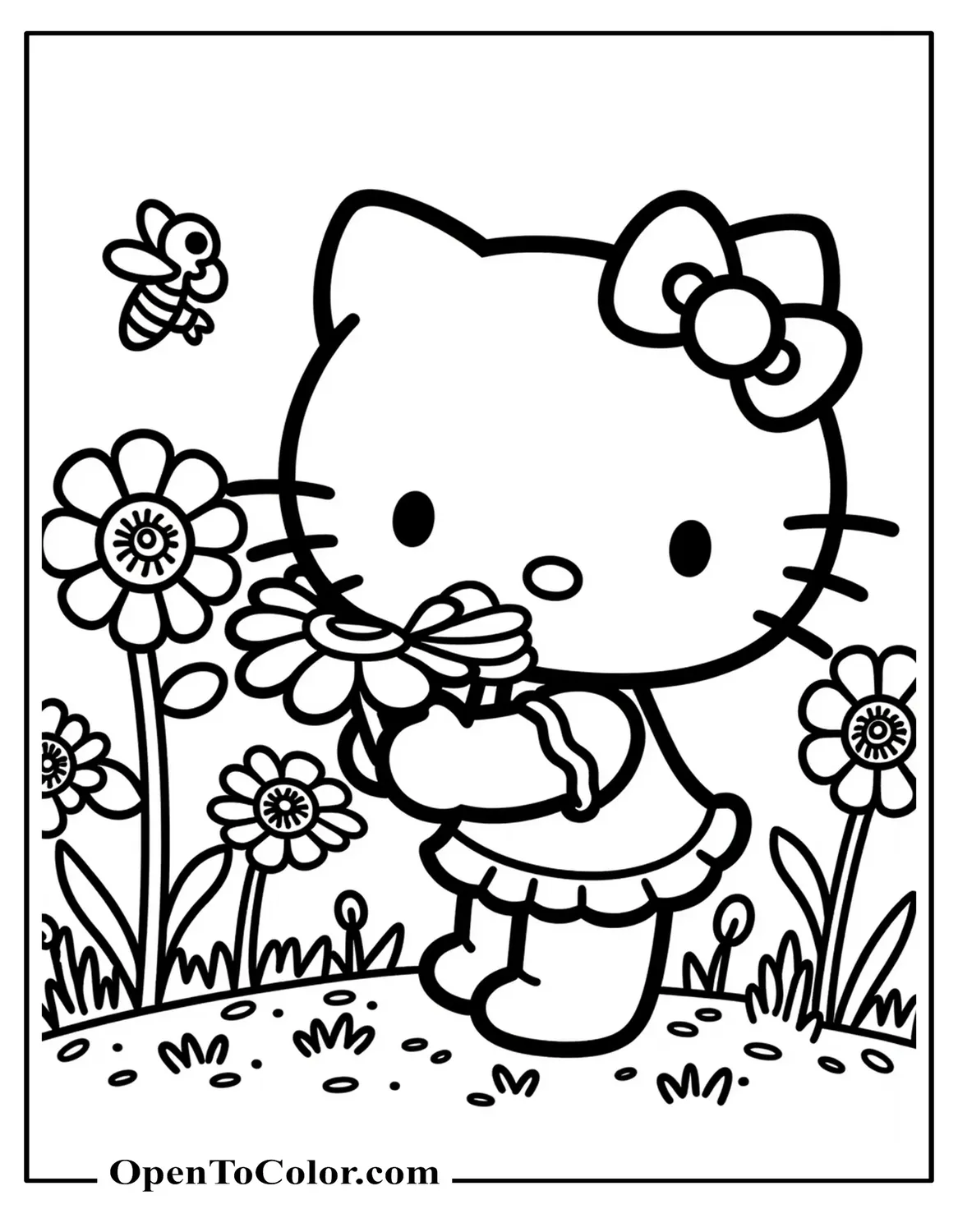 Free Hello Kitty Coloring Page Smelling Large Daisy in Flower Garden, Bees Buzzing Around