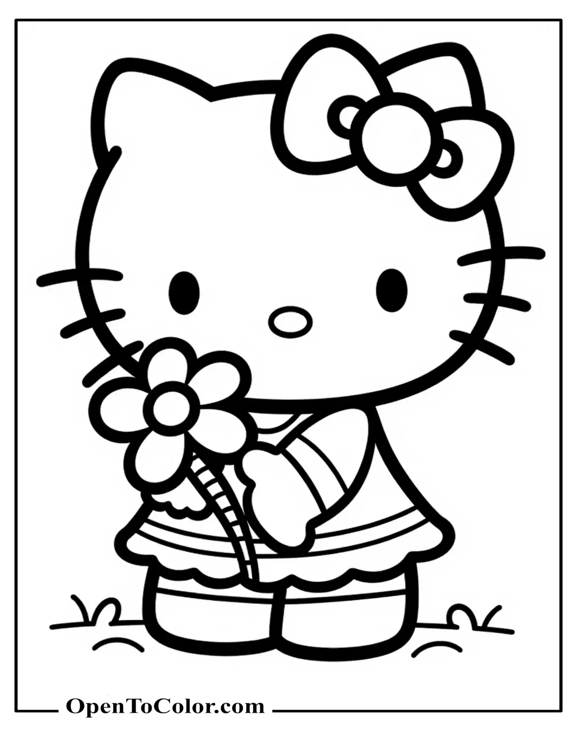 Hello Kitty holding a flower and wearing a floral headband coloring sheet PDF