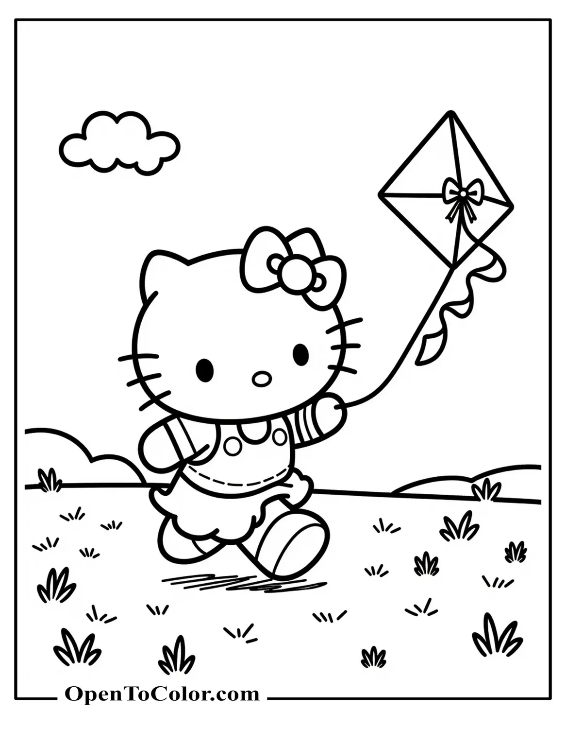 Hello Kitty Running Across Meadow Flying Bow-Shaped Kite, Breezy Day, Coloring Page PDF