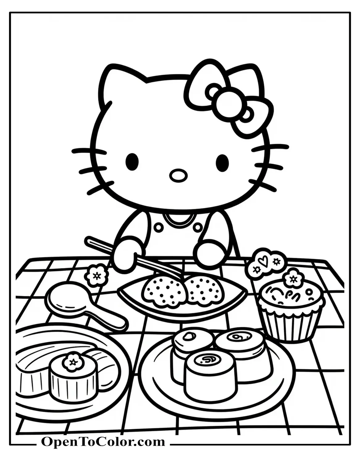 Free Coloring Page: Hello Kitty Arranging Sushi, Sandwiches, and Cupcakes on Picnic Cloth, Food Fiesta