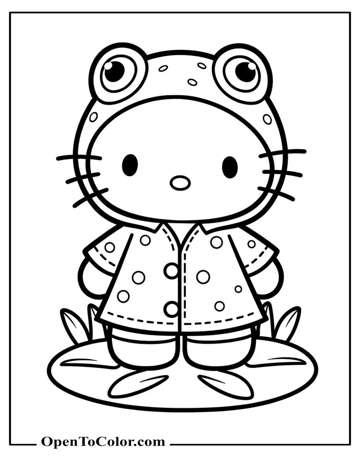 Free Coloring Page of Hello Kitty in Frog Raincoat Standing on Lily Pad, Kawaii Style