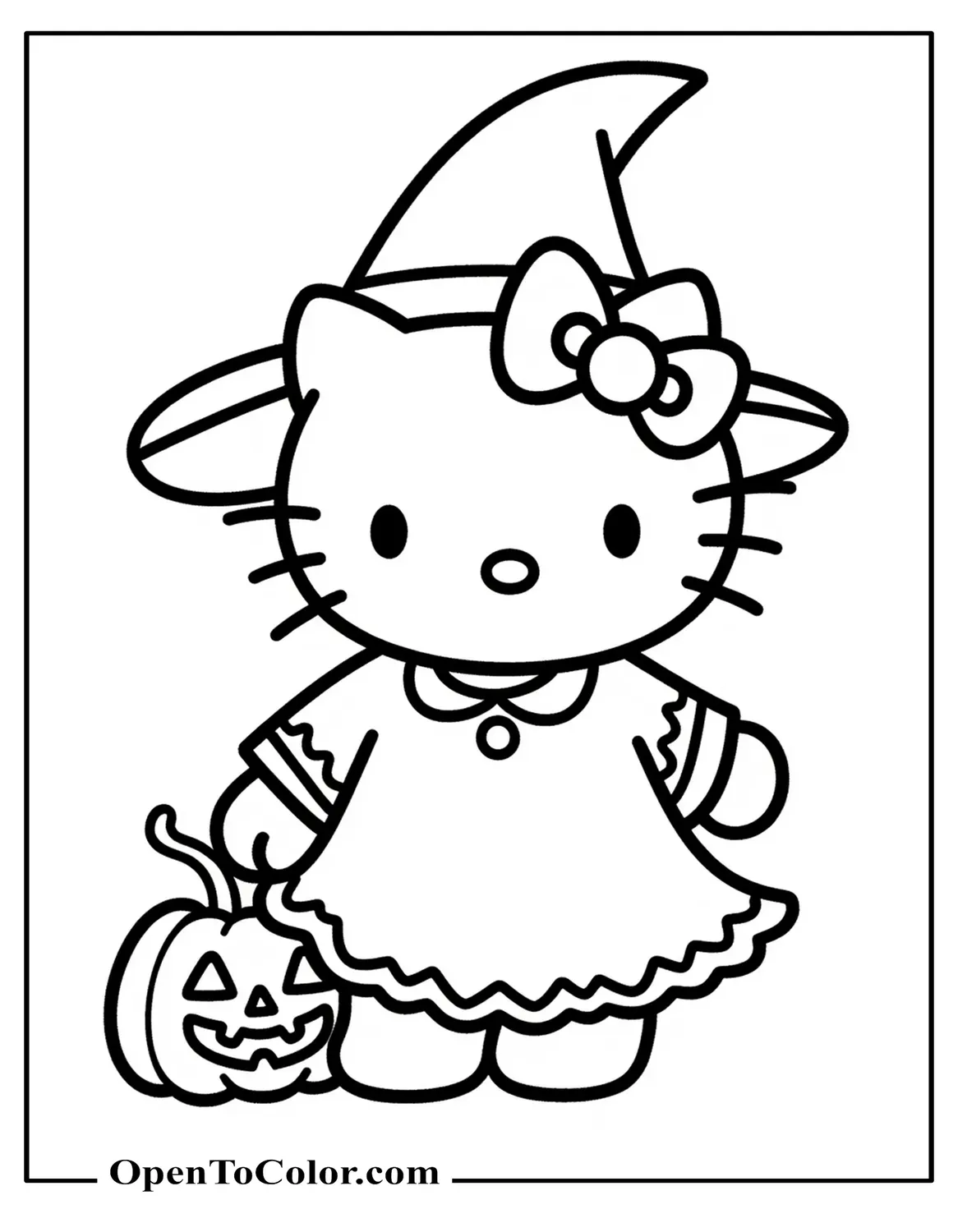 Free Hello Kitty Dressed As A Witch With Pumpkin Coloring Sheet