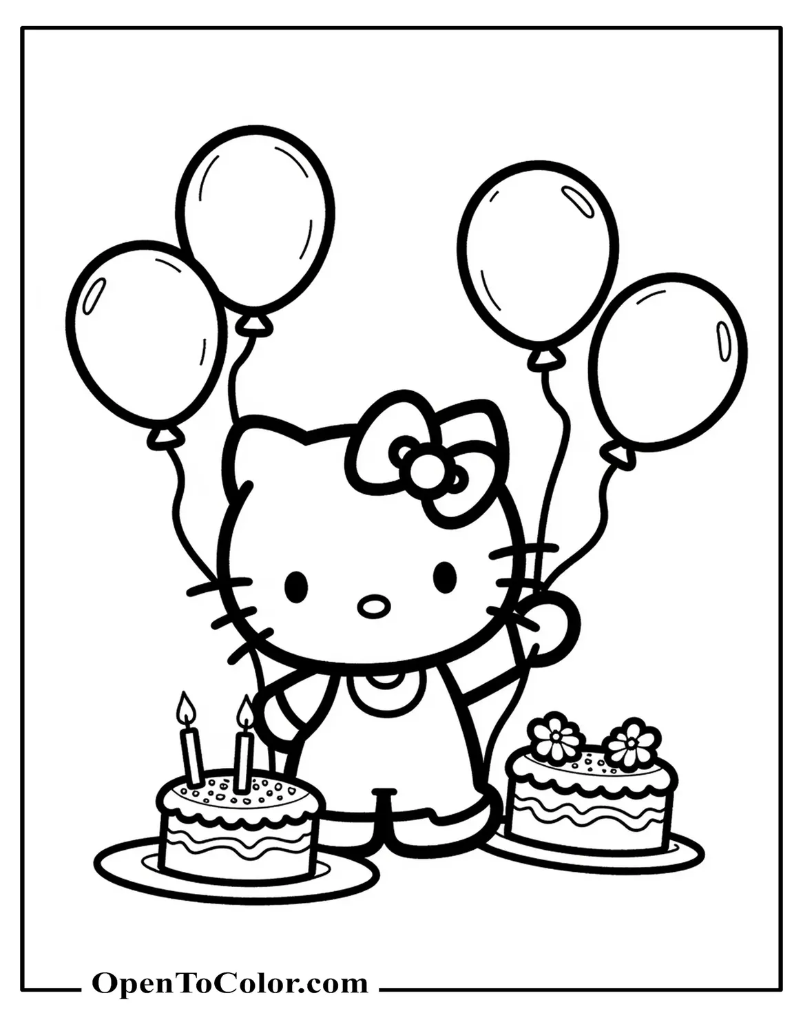 Hello Kitty with Balloons and Birthday Cake Coloring Page PDF