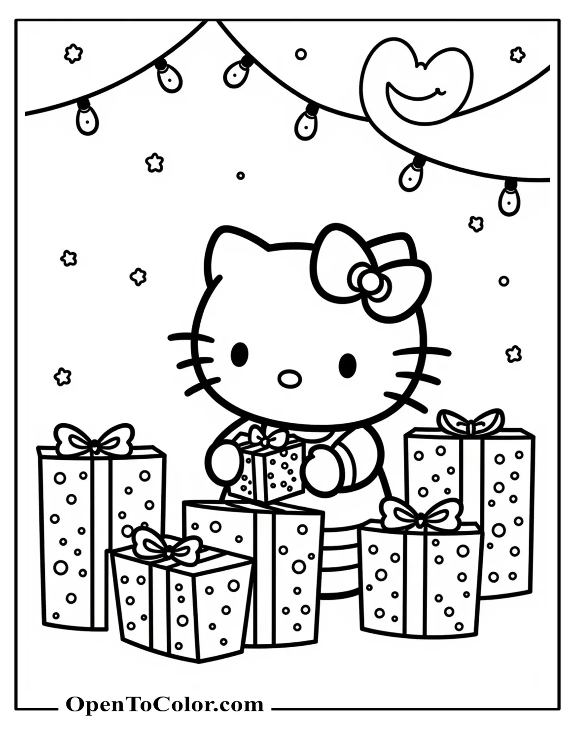 Hello Kitty Wrapping Presents Amid Twinkling Lights And Snowflakes, Festive Holiday Scene, Printable Coloring Page