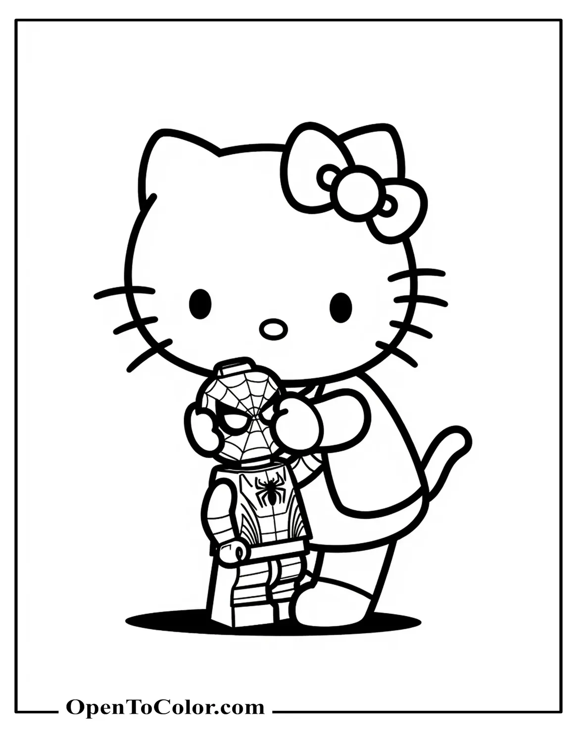 Hello Kitty hugging Lego Spiderman coloring sheet printable