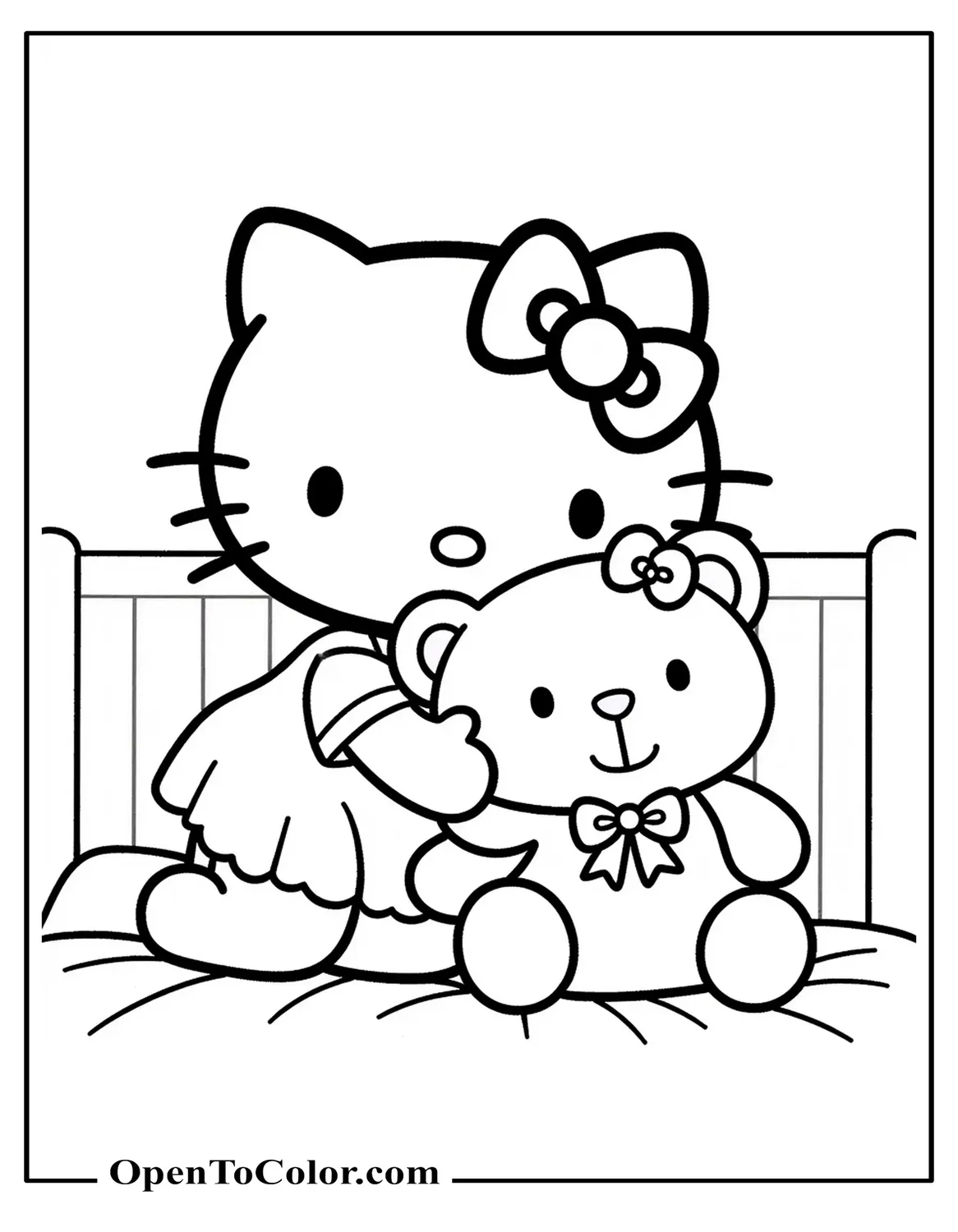 Hello Kitty hugging plush teddy bear wearing matching bow, bedtime scene, coloring page PDF.