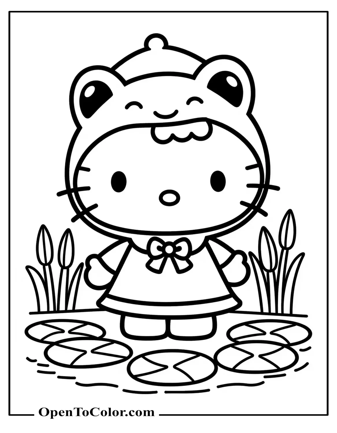 Hello Kitty wearing Keroppi frog hat beside lily pads and cattails, fun amphibian theme, printable coloring sheet.