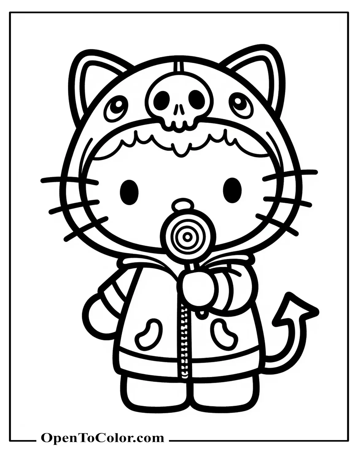 Free Coloring Page: Hello Kitty in Black Kuromi Hoodie, Offering a Lollipop, Hoodie is with Bat Ears and Tiny Skull on the Forehead