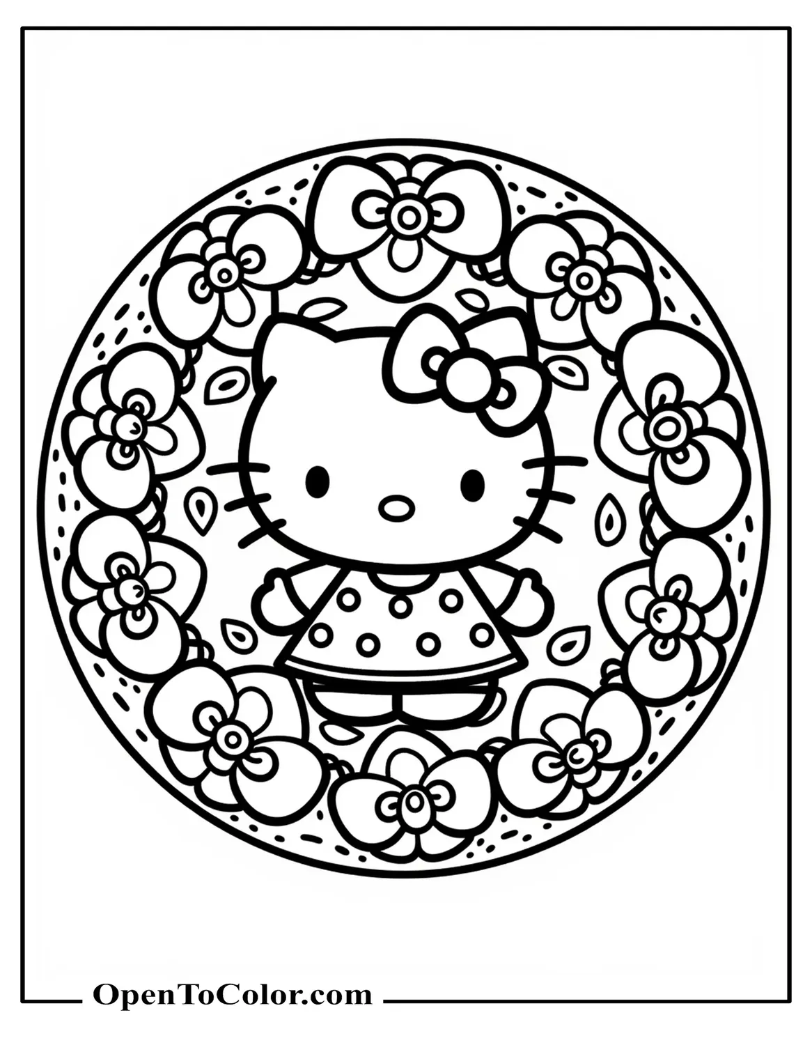 Free Coloring Page: Hello Kitty Centered in Circular Mandala of Bows, Hearts, and Flowers, Zen Doodle Style