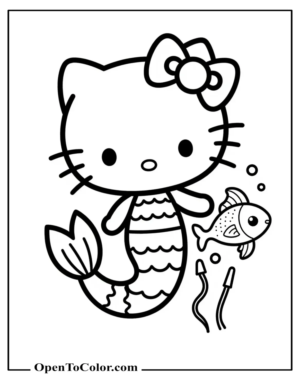 Free Coloring Sheet: Hello Kitty as a Mermaid with Seashells and Coral