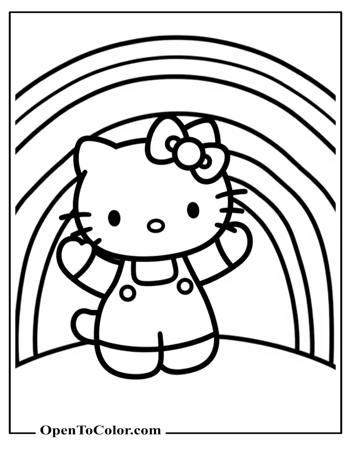 Hello Kitty standing under rainbow, waving happily, printable coloring page.