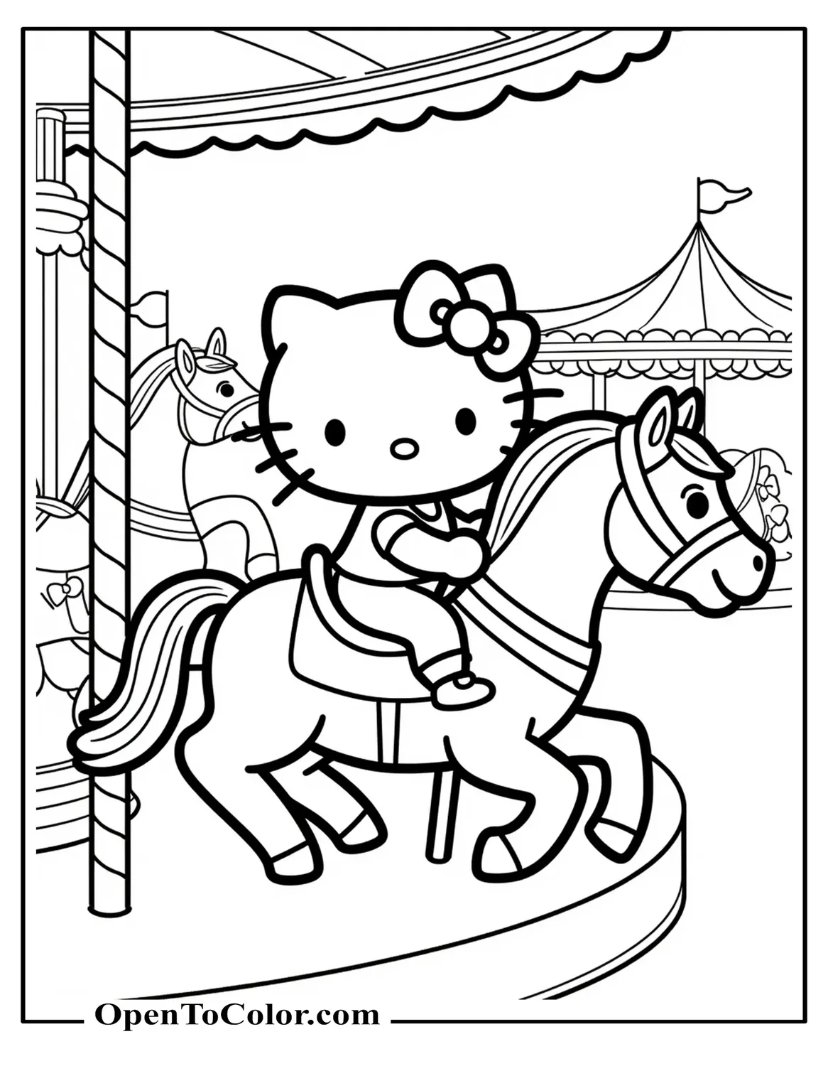 Hello Kitty smiling atop carousel horse with ribbons, printable coloring sheet, amusement park setting