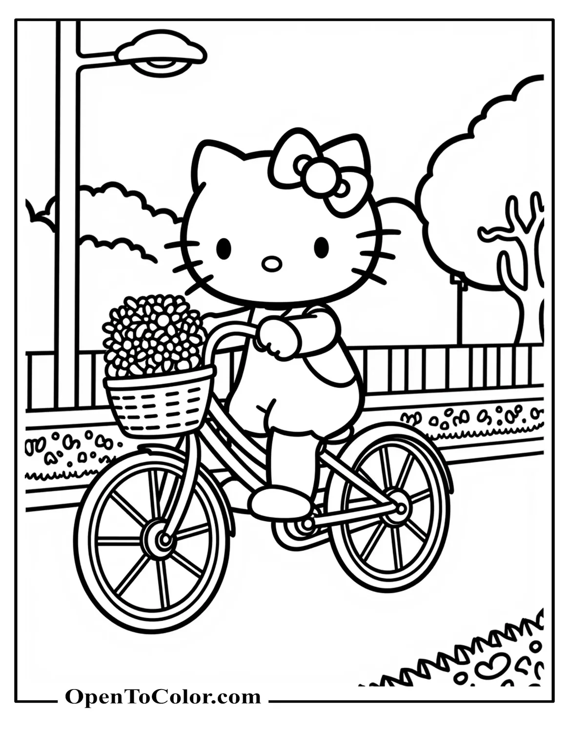 Hello Kitty pedaling bicycle with front basket full of flowers, suburban lane, coloring page, printable.