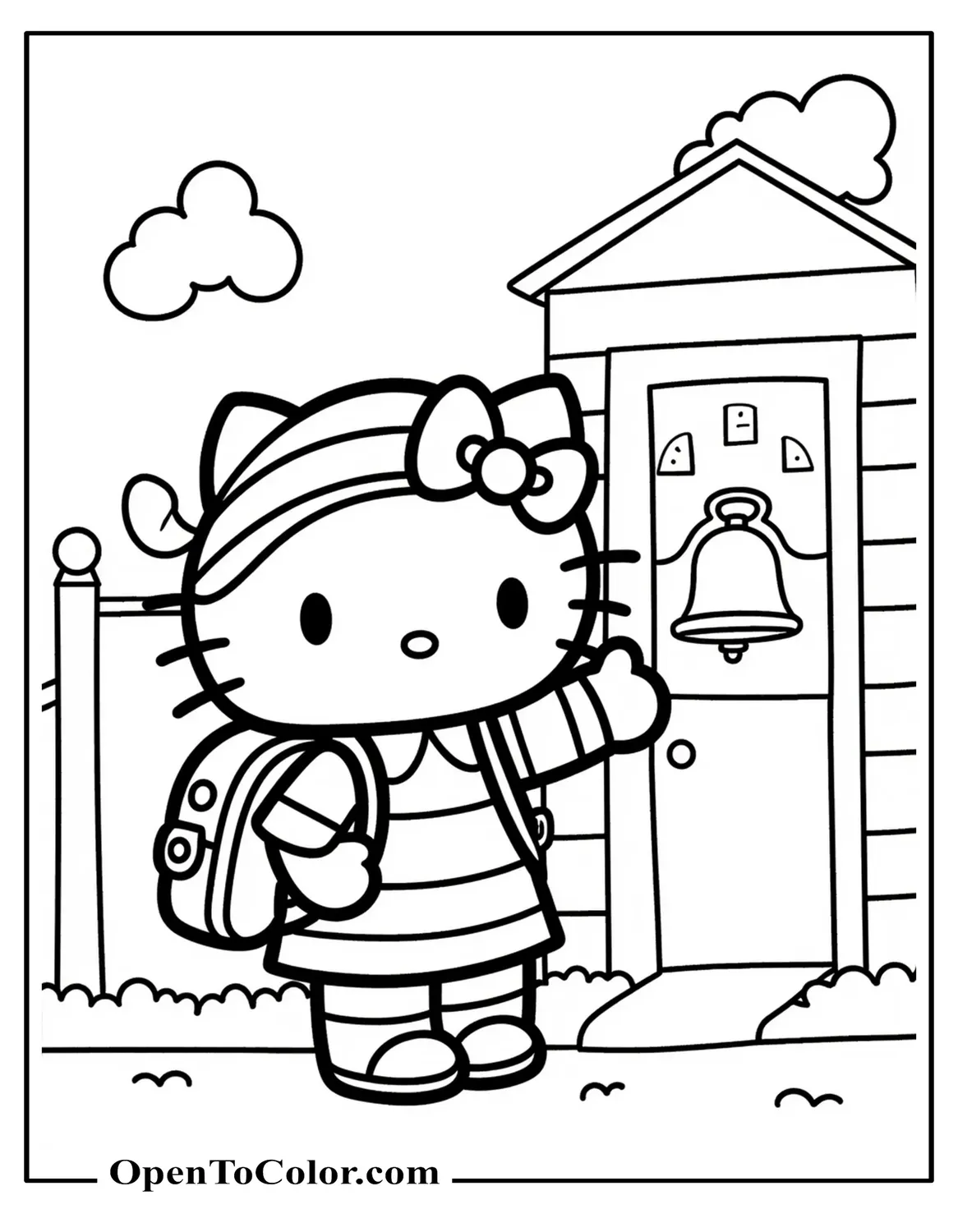 Hello Kitty With Backpack Waving In Front Of Schoolhouse Bell, Weekday Morning Scene, Coloring Sheet PDF