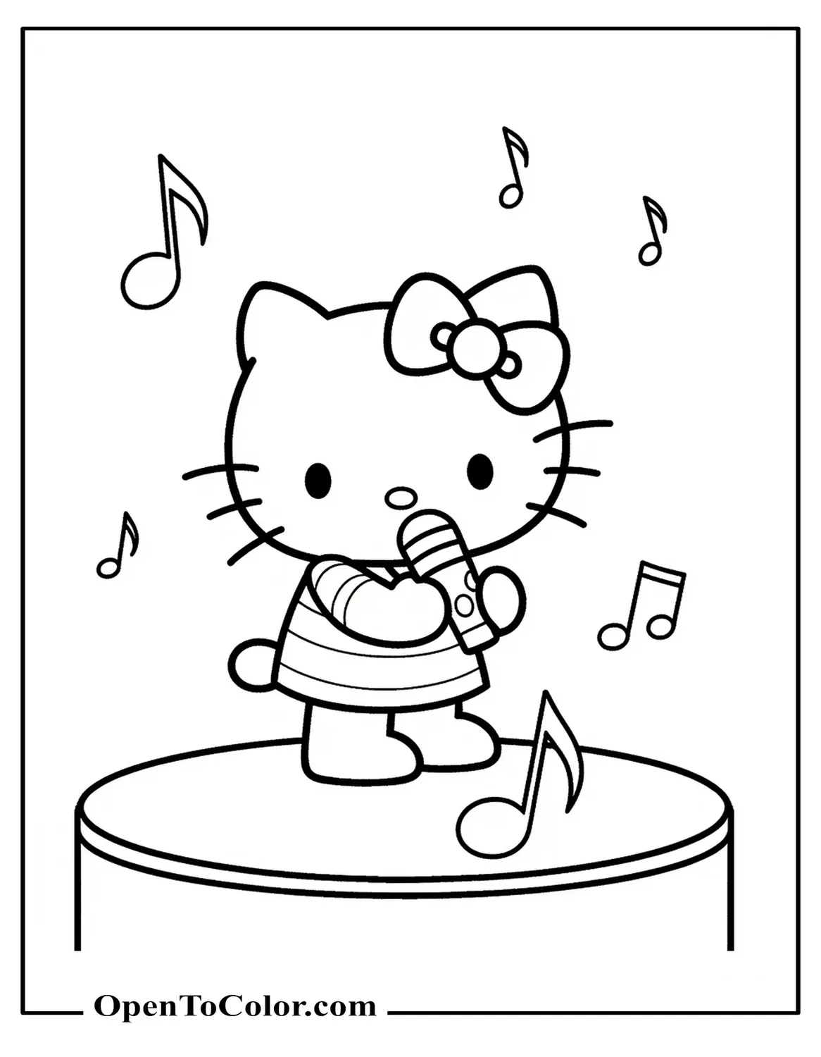 Free Hello Kitty Singing Into Microphone On Small Stage With Musical Notes, Spotlight Scene Coloring Sheet