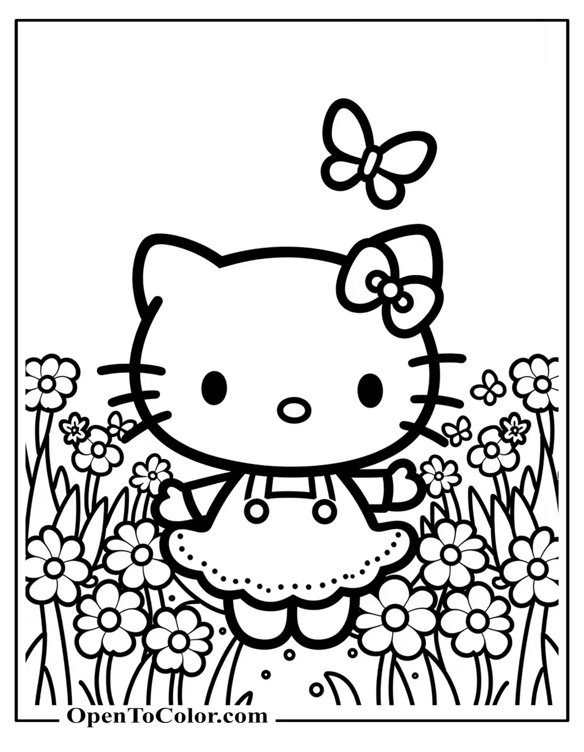Hello Kitty with Flowers and Butterflies in Spring Field Printable Coloring Page