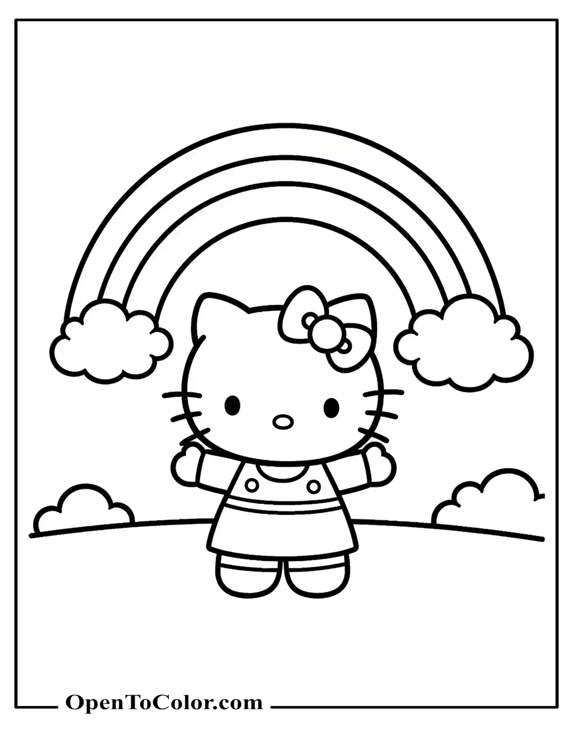 Hello Kitty Standing Arms Open Beneath Rainbow And Fluffy Clouds, Cheerful Sky, Printable Coloring Page
