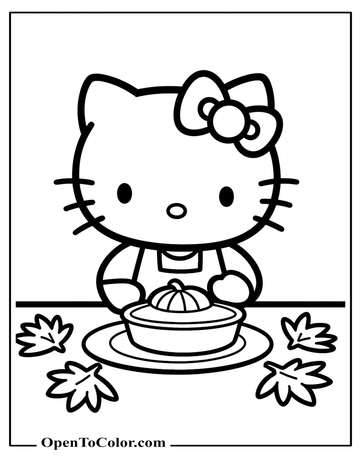 Hello Kitty at table with pumpkin pie and autumn leaves, printable coloring sheet.