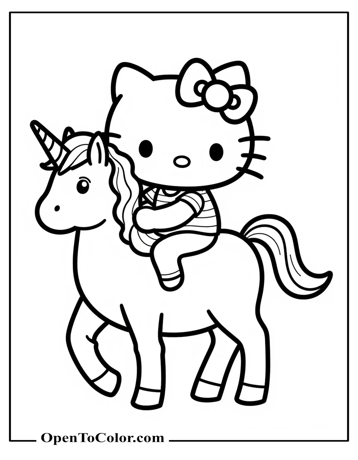 Free Coloring Page of Hello Kitty Riding a Unicorn with Sparkly Mane