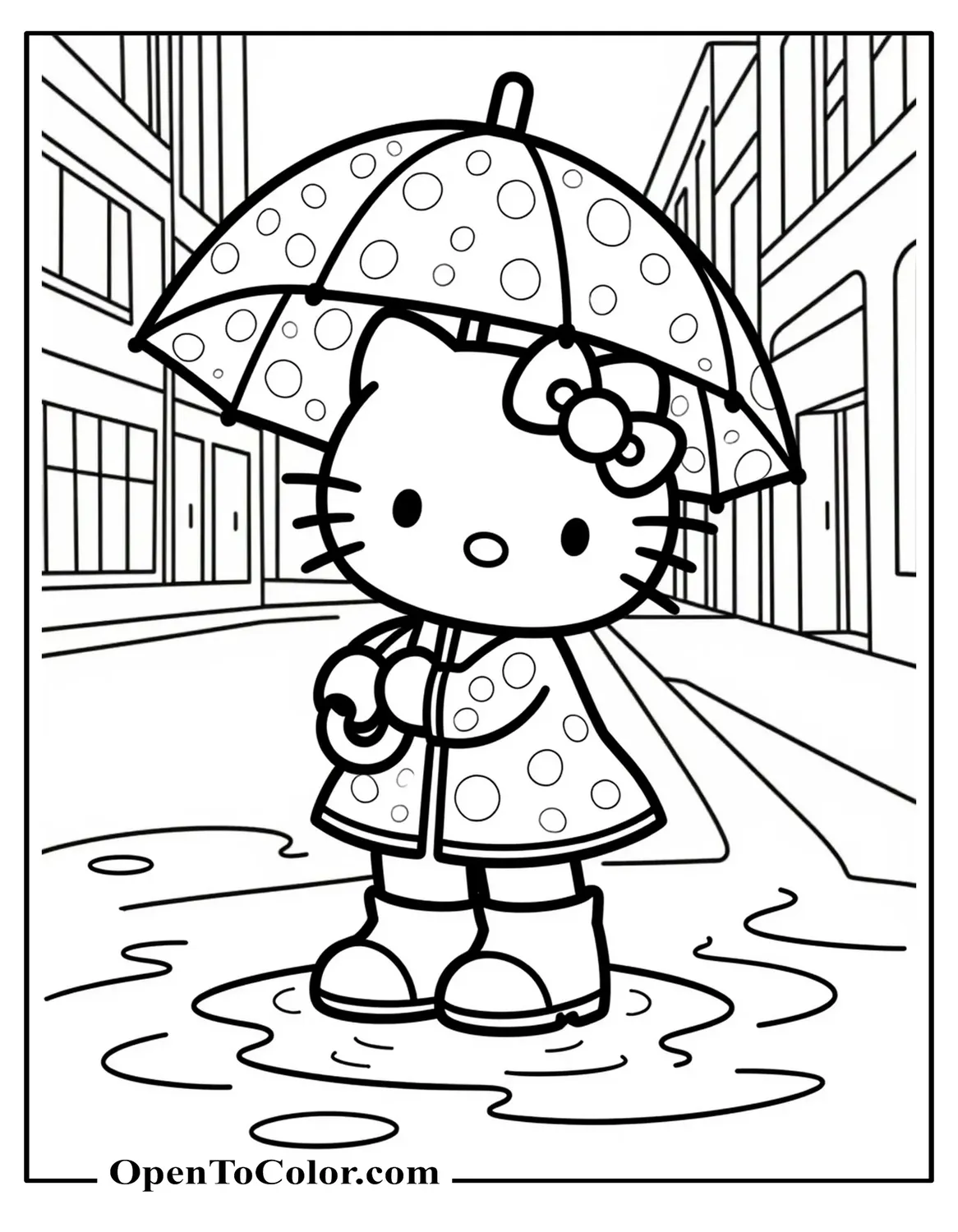 Free Hello Kitty Coloring Page: Hello Kitty Holding Polka-Dot Umbrella and Wearing Rain Boots Splashing in Puddle, Rainy City Street