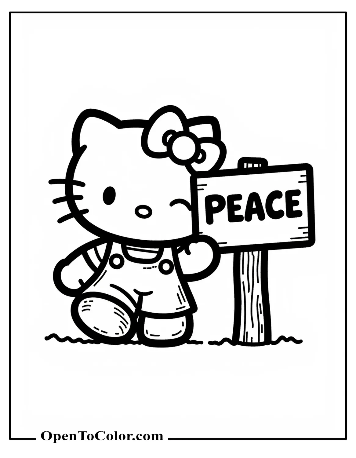 Hello Kitty winking and a sign with a peace symbol and a word peace, pop street art style, coloring page, printable.