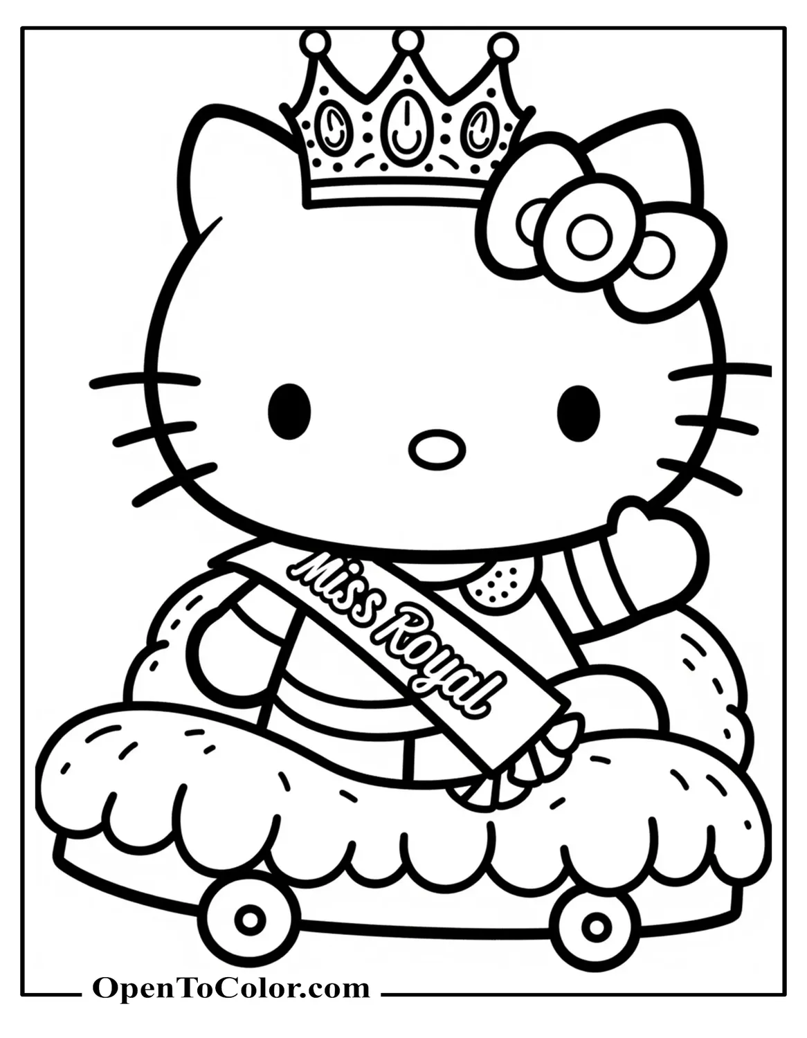 Hello Kitty wearing jeweled crown and Miss Kitty sash, royal parade float, coloring sheet PDF.