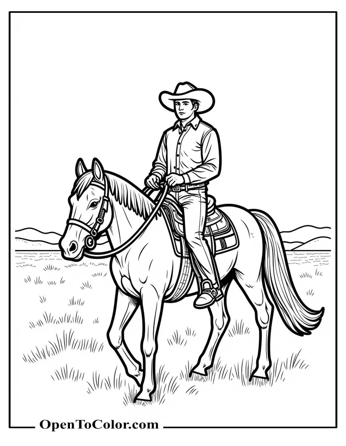 Free Western Rider Guiding Horse Through Open Pasture Coloring Page