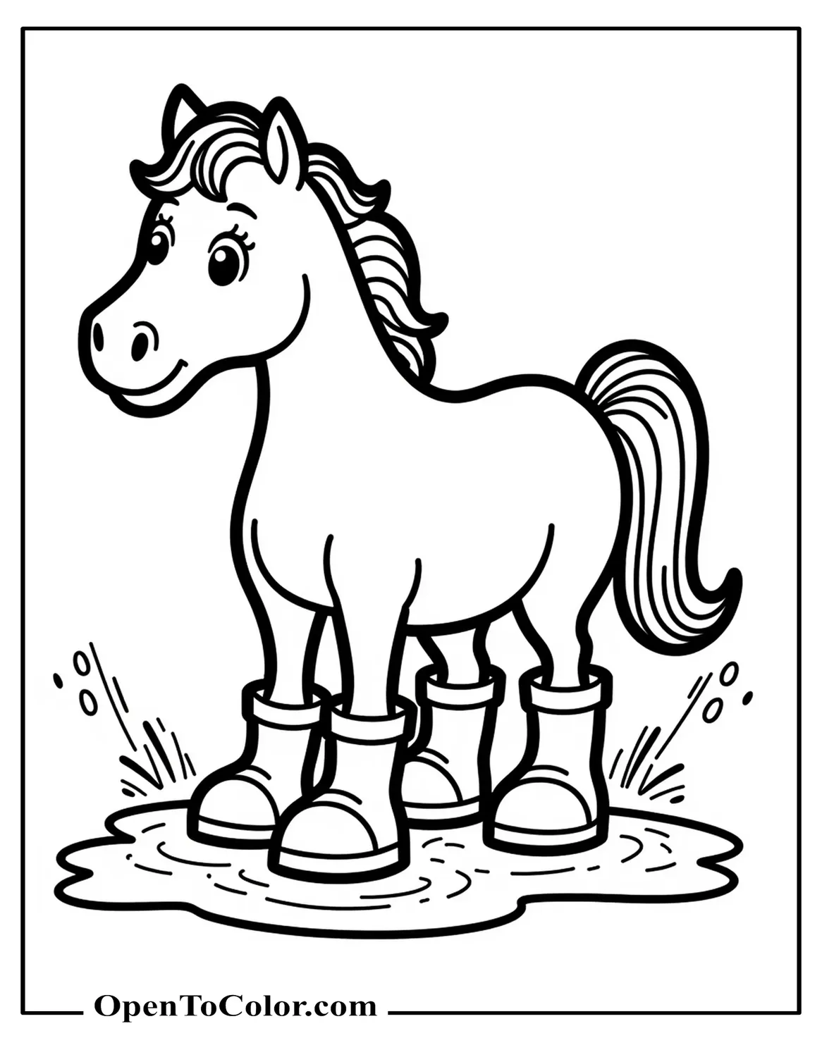 Free Coloring Sheet of Cartoon Horse Splashing Through Puddle in Rain Boots