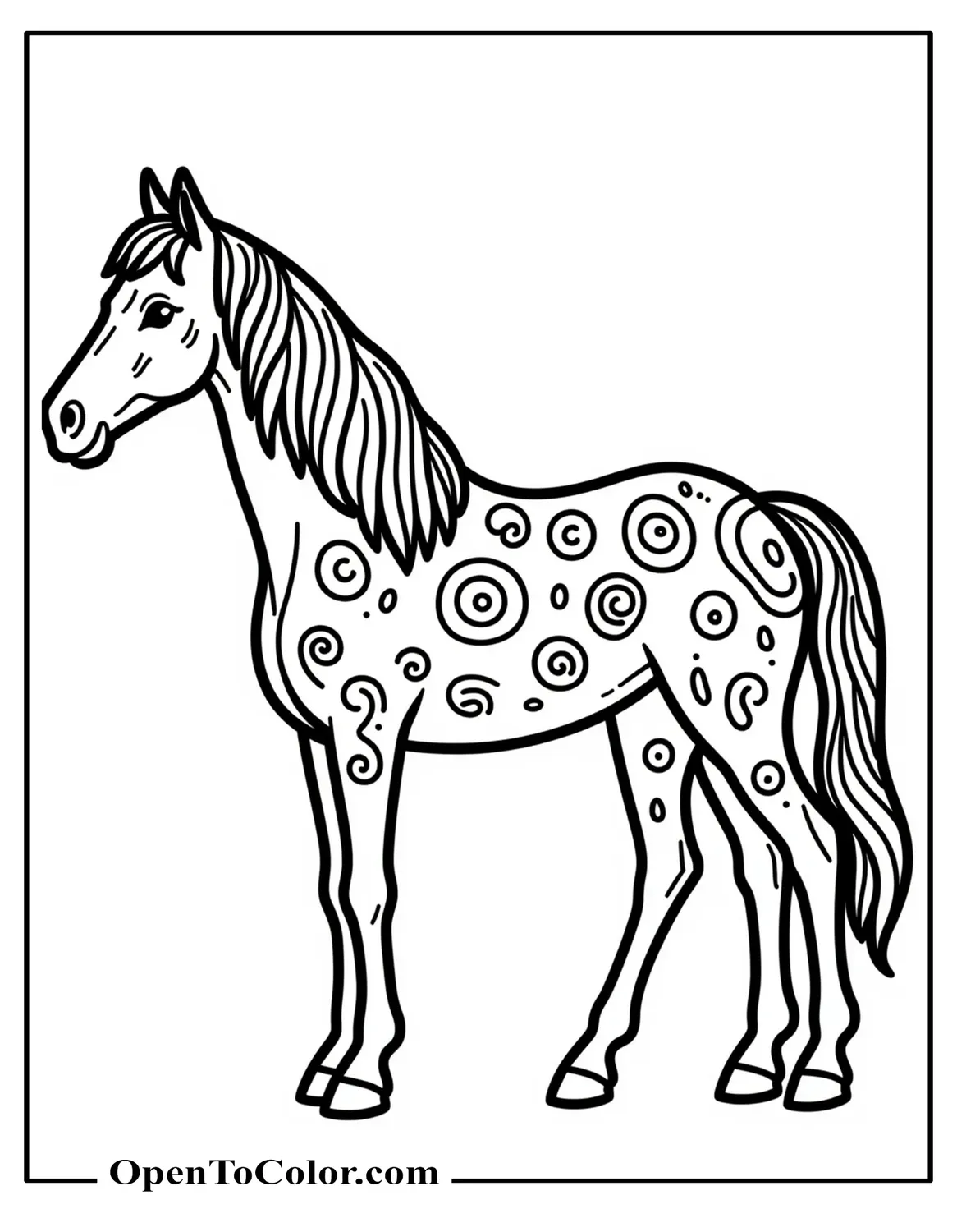 Printable Coloring Sheet of Horse Standing with Patchwork Coat Pattern of Spirals and Spots