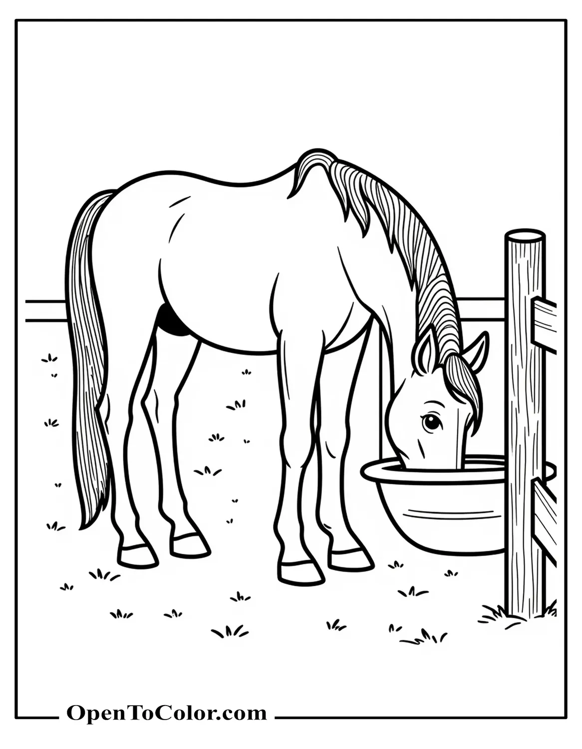Printable Coloring Page of Horse Sipping from Trough, Large Simple Forms