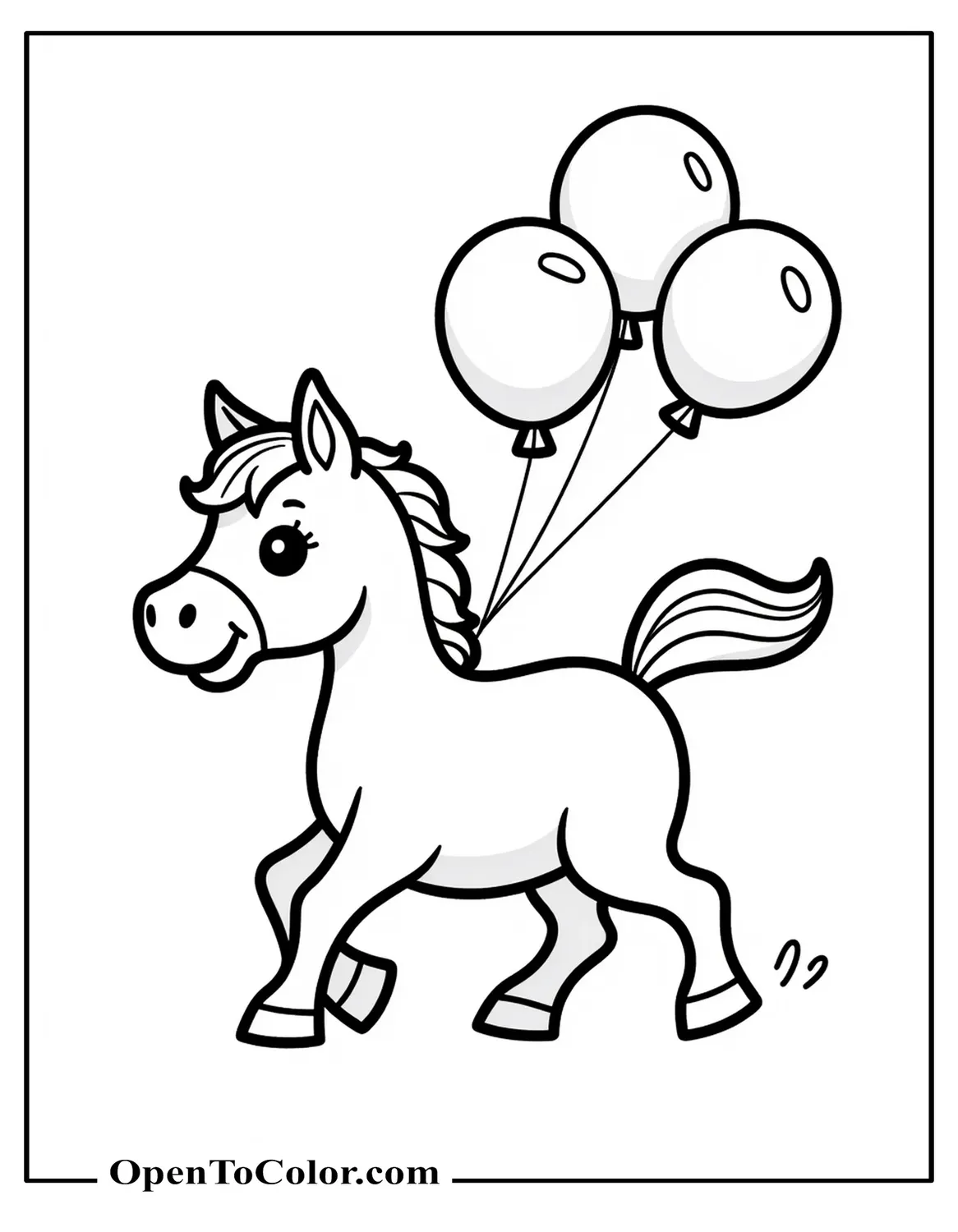 Chibi horse coloring sheet trotting with balloons tied to mane, printable.