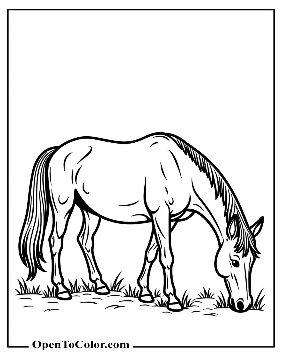 Realistic Side View of a Horse Grazing in a Meadow, Coloring Page PDF