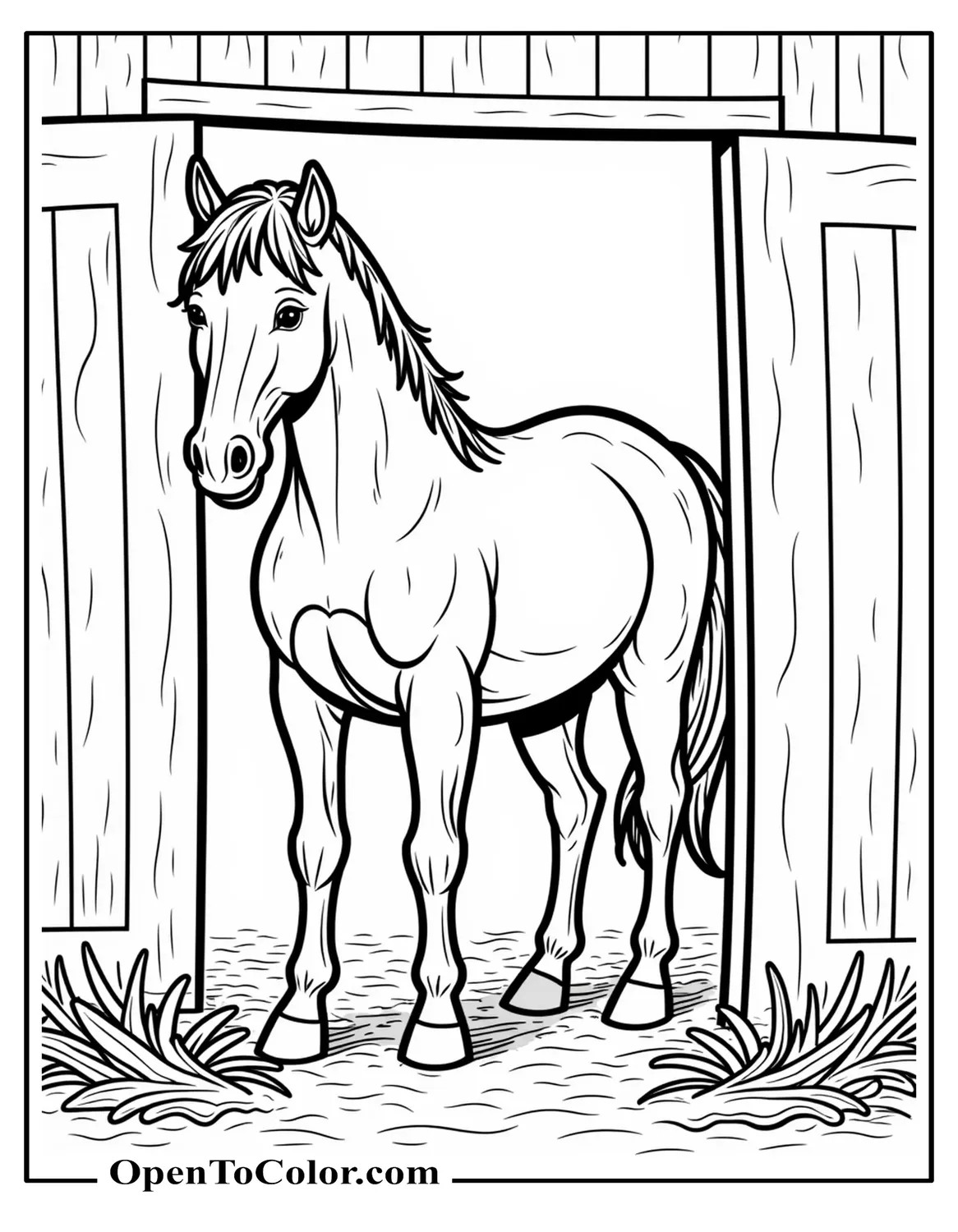 Printable Coloring Page of Horse Framed in Barn Doorway, Straw at Its Feet
