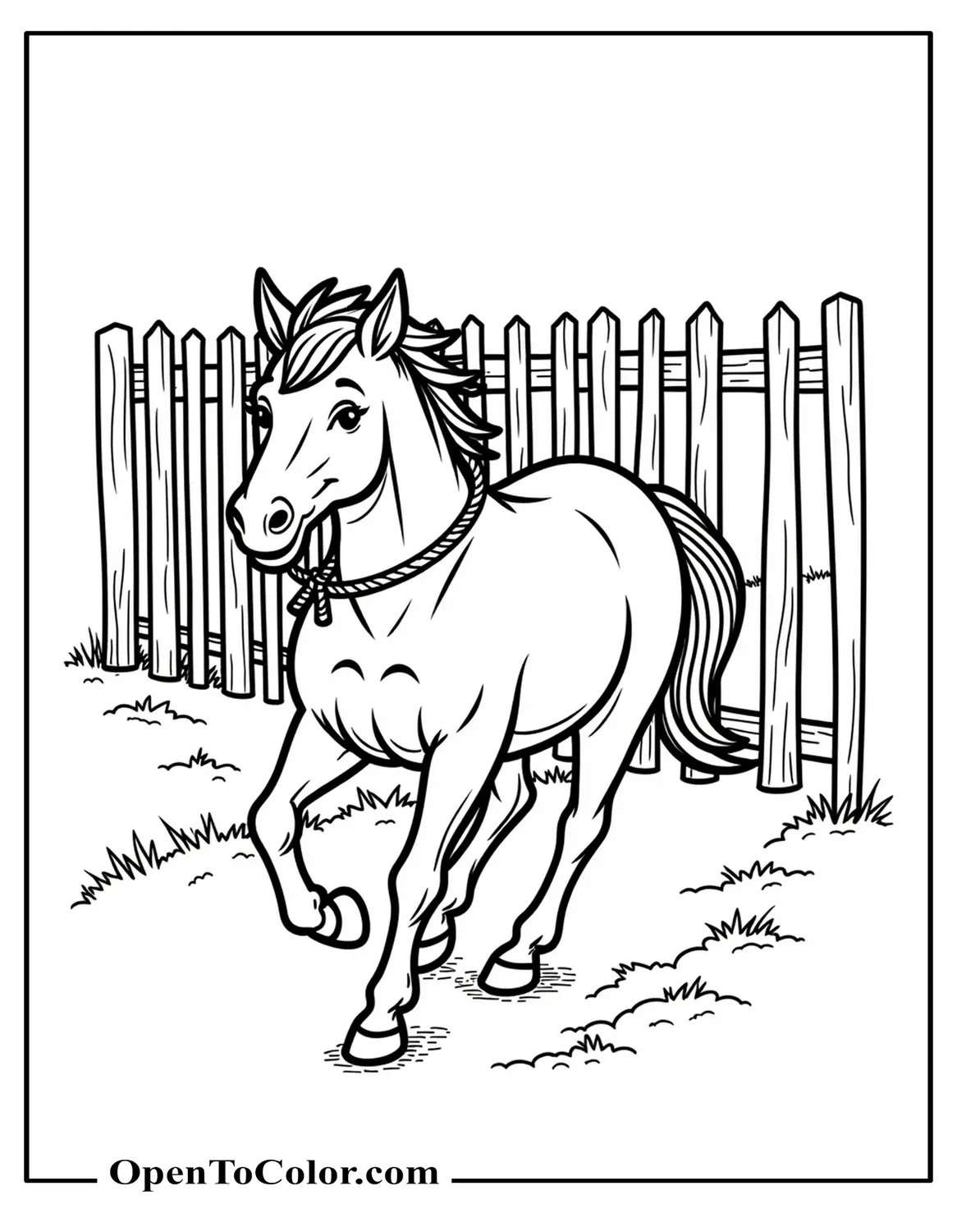 Printable Horse Breaking Rope, Running Past Open Gate Coloring Sheet