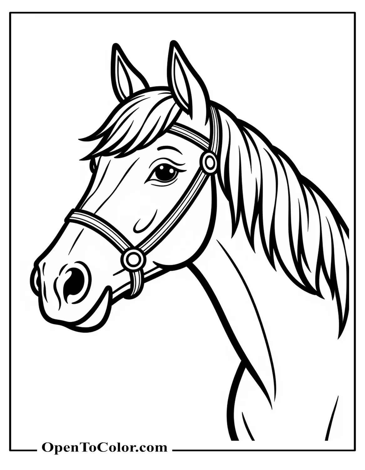 Close-Up Horse Head With Flowing Forelock And Bridle Coloring Sheet PDF