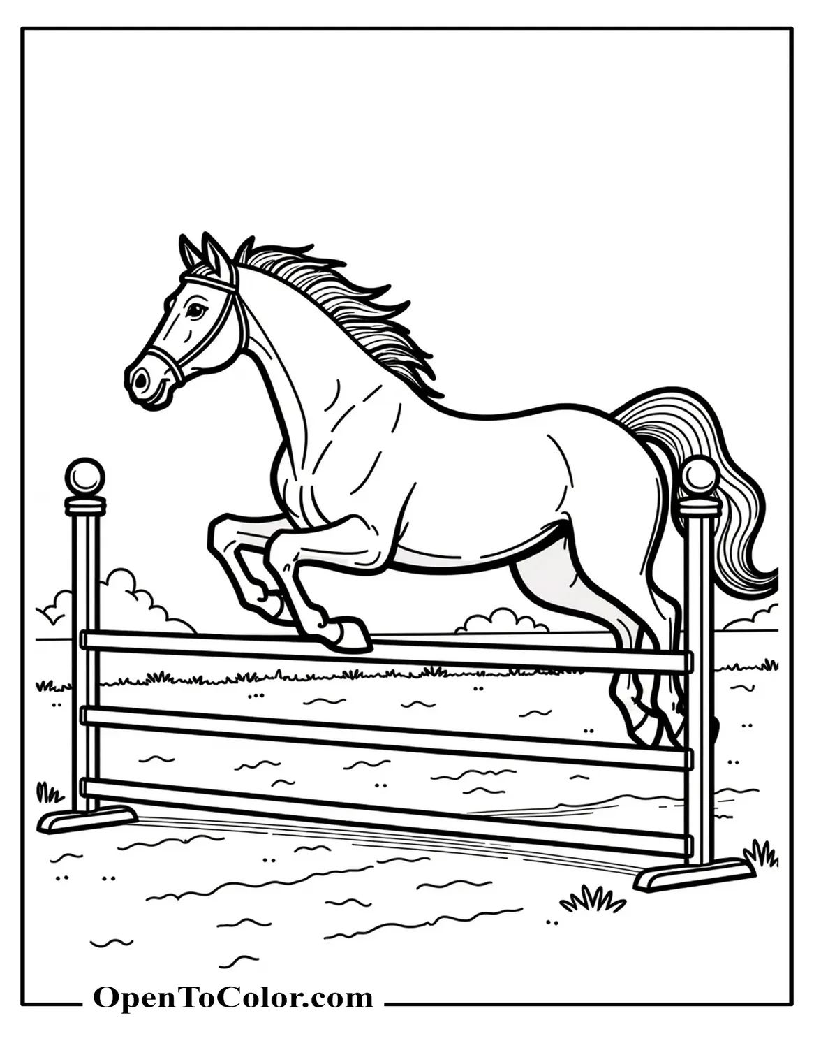 Printable Coloring Page of Horse Leaping Over Hurdle in Competition Arena