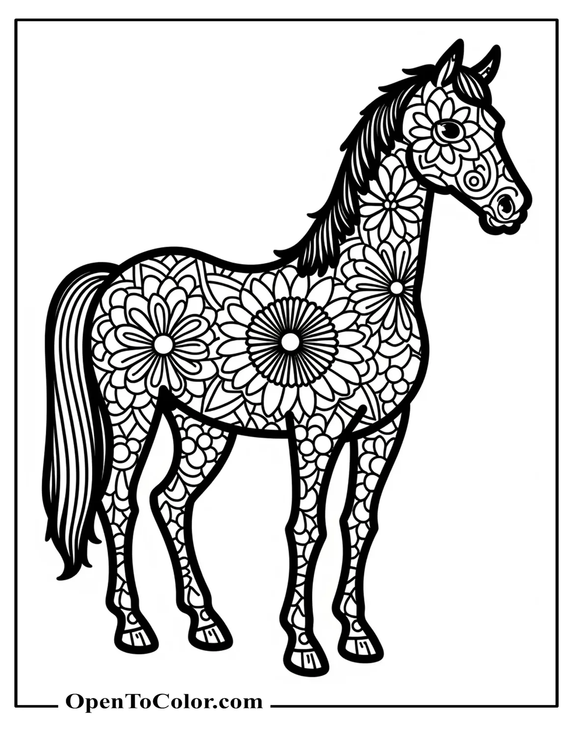 Horse silhouette filled with floral mandala design, printable coloring page.