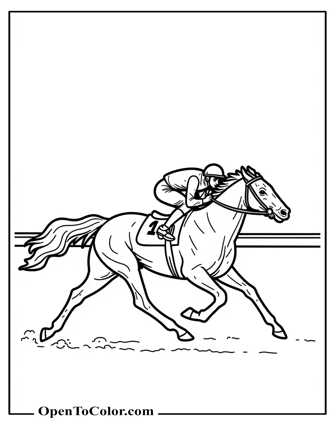 Racehorse sprinting with jockey crouched low coloring sheet PDF