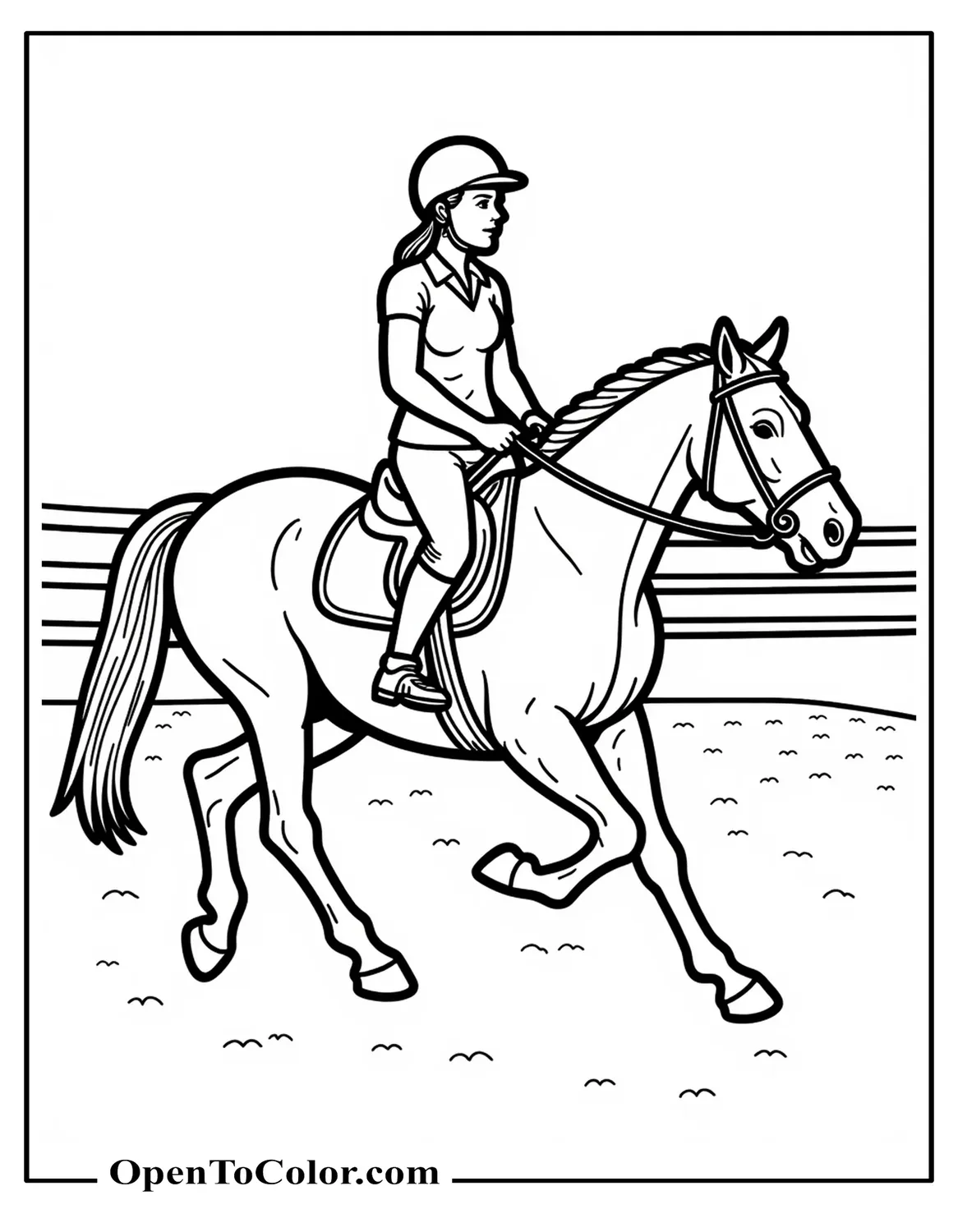 Free Coloring Page of Equestrian Rider Cantering Horse in Arena