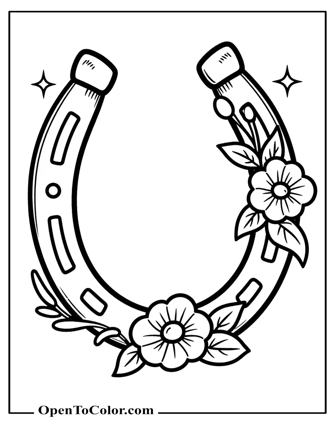 Printable Coloring Sheet of a Single Horseshoe with Floral Accents and Tiny Stars