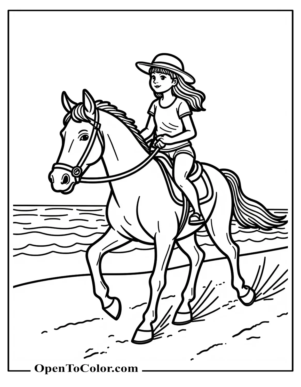 Girl Trotting Horseback Along Beach Shoreline Coloring Sheet PDF
