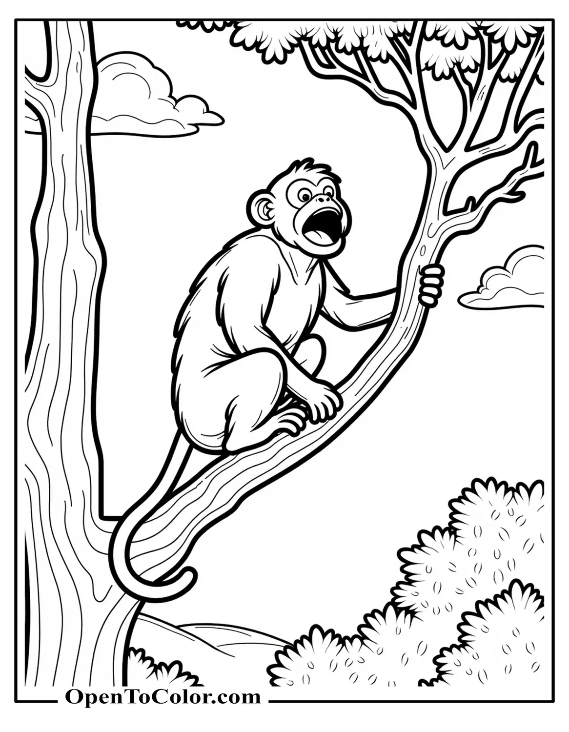 Printable Coloring Sheet of Howler Monkey Roaring From Treetop Branch at Sunrise