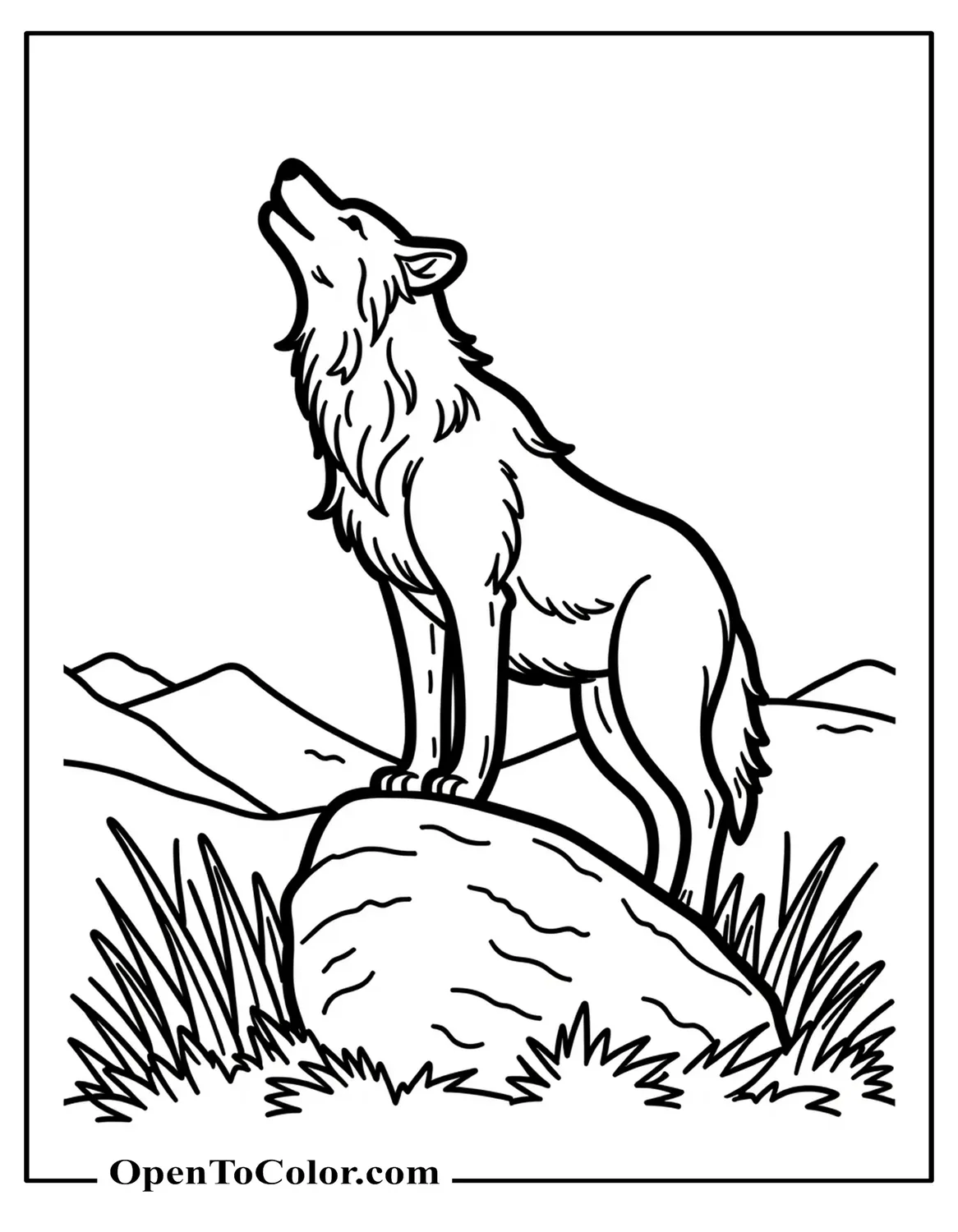 Wolf standing on boulder howling, windblown grass and distant hills, printable coloring sheet.