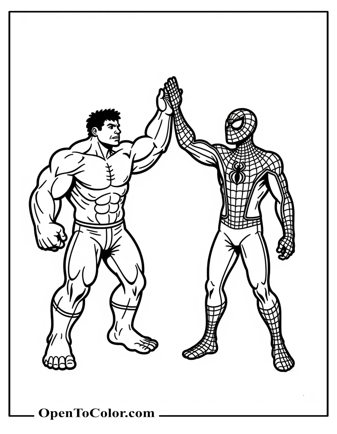 Printable Coloring Sheet of Hulk and Spiderman Doing High Five