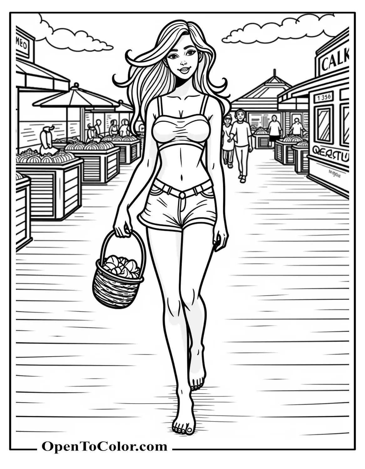 Printable coloring page of human-form Ariel strolling barefoot on a market pier, carrying a basket of seashells, realistic style, modern outfit.