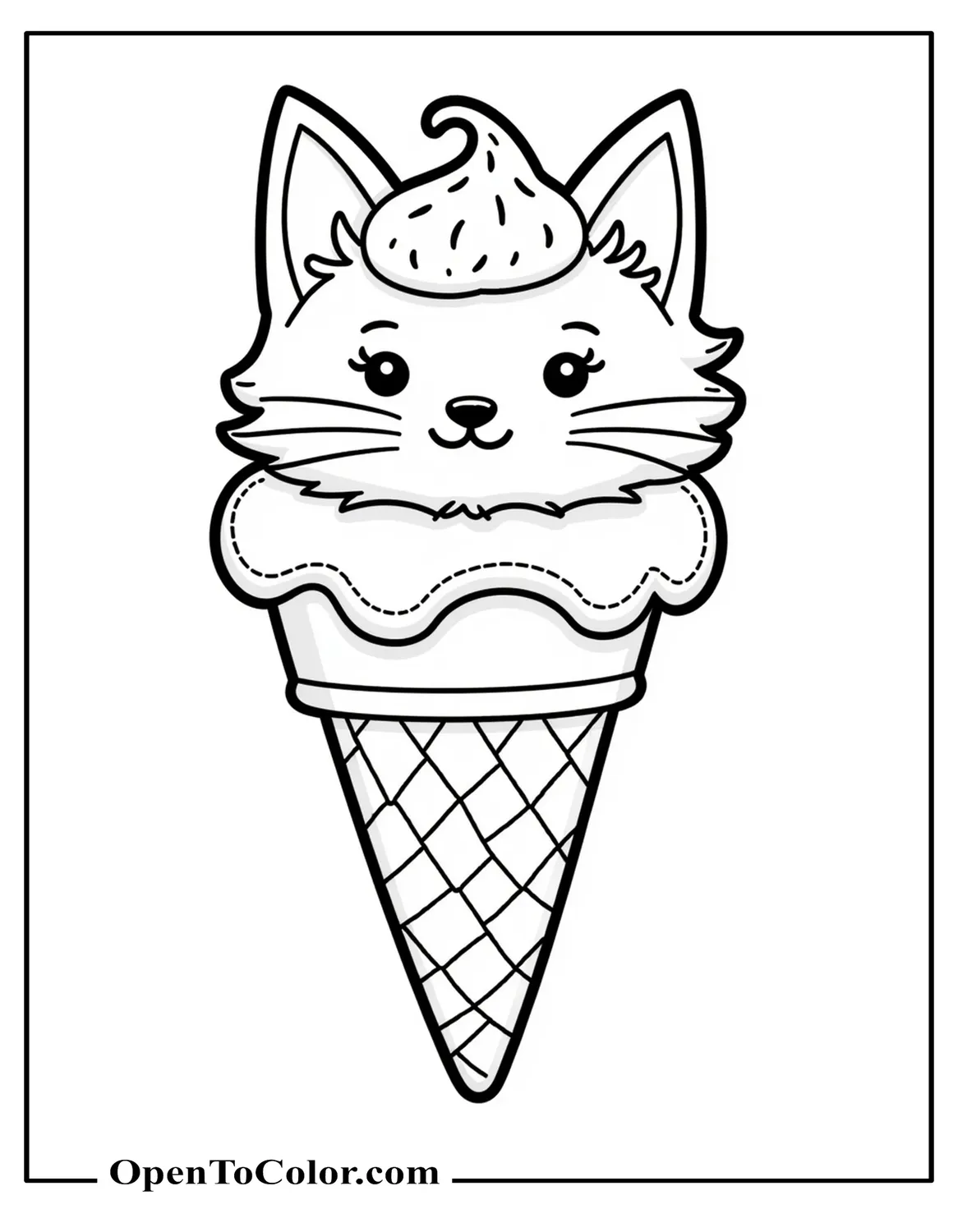 Cat Shaped Like Ice Cream Cone With Whipped Topping And Sprinkles Coloring Sheet PDF